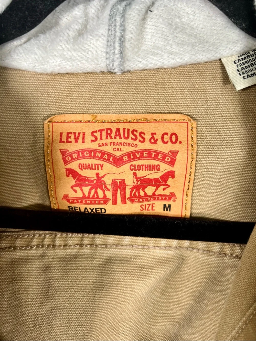 Levi's Tan hybrid hoodie Trucker Jacket with Gray Hooded Sleeves tigers eye